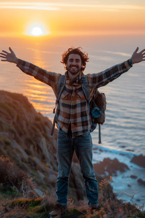 Caucasian man carrying backpack and outstretched arms at cliff at sunrise.の素材
