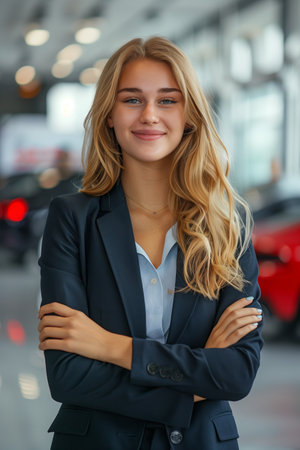 Caucasian female salesman smiling with confidence in sports car showroom.の素材