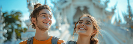 Caucasian male and female couple carry backpacks to visit a Thai temple.の素材