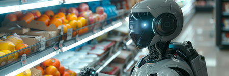 Futuristic robots working in supermarkets.の素材
