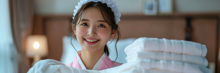 Asian housewife holding towel in hotel room.の素材