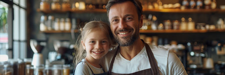 Caucasian father and daughter hugging each other in his coffee shop.の素材