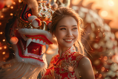 Caucasian woman wearing a cheongsam sitting on the back of a Chinese dragon.の素材