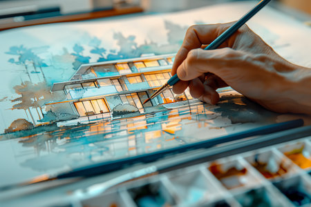 Close-up hand watercolor design illustration of modern house on paper.の素材