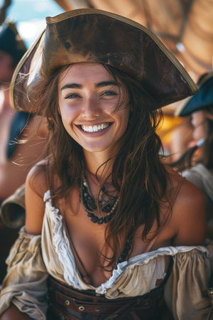 Caucasian woman in pirate costume sailing on the sea.の素材