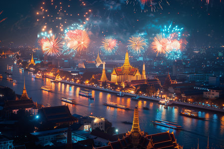 Aerial view of a Thai temple along the river at night lit up with colorful lights.の素材
