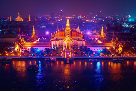 Aerial view of a Thai temple along the river at night lit up with colorful lights.の素材