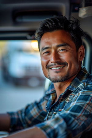 Asian man drives truck with confidence.の素材