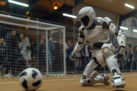 A robot is kneeling down on a soccer field and is about to kick a soccer ball. The robot is wearing a helmet and has a robotic arm. There are several people in the background. The scene is futuristicの素材