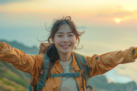 A smiling woman with a backpack is standing on a hill overlooking the ocean. her arms outstretchedの素材