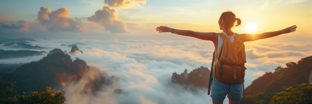 A smiling woman with a backpack is standing on a hill overlooking the ocean. her arms outstretchedの素材
