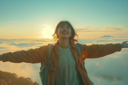 A smiling woman with a backpack is standing on a hill overlooking the ocean. her arms outstretchedの素材