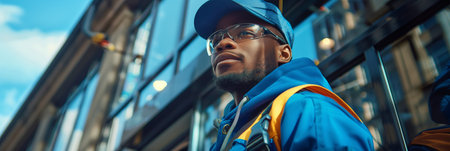 African American male cleaner wiping glass outside of building.の素材
