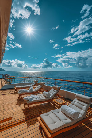 Luxury cruise ship deck with lounge chairs and wide view of the blue sky on a sunny day.の素材