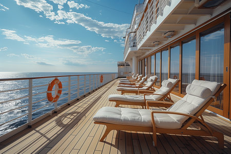 Luxury cruise ship deck with lounge chairs and wide view of the blue sky on a sunny day.の素材