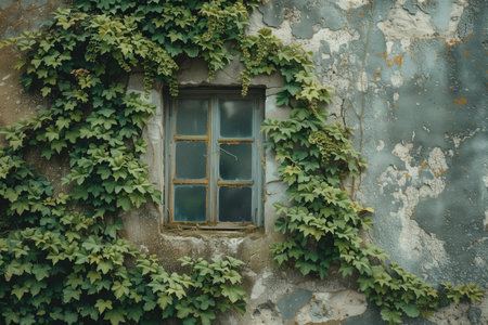 Old window with green ivy on the wall House in vintage style.の素材