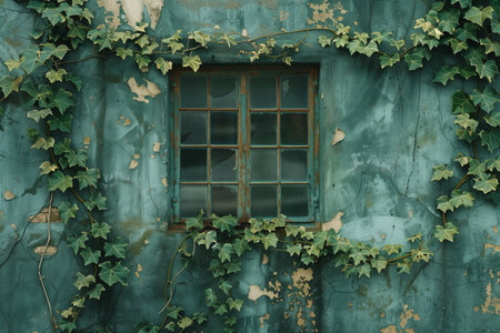 Old window with green ivy on the wall House in vintage style.の素材