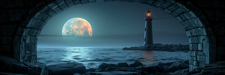 The lighthouse seen through an ancient stone archway with the full moon in the background.の素材
