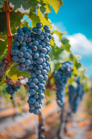 Grapes hanging from the vine in the blue sky atmosphere.の素材