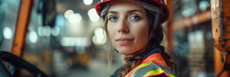 Caucasian female employee driving a forklift in a factory.の素材