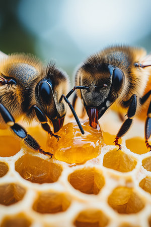 Closeup of bees transporting honey on a beehive.の素材