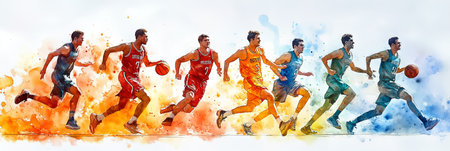 Watercolor painting of a team of male athletes playing basketball on the court.の素材