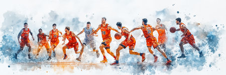 Watercolor painting of a team of male athletes playing basketball on the court.の素材