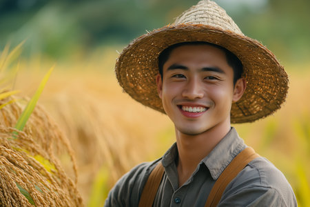 Asian male farmer smiling with confidence in rice field ready for harvest.の素材