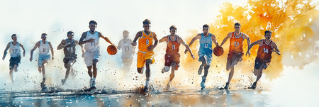 Watercolor painting of a team of male athletes playing basketball on the court.の素材