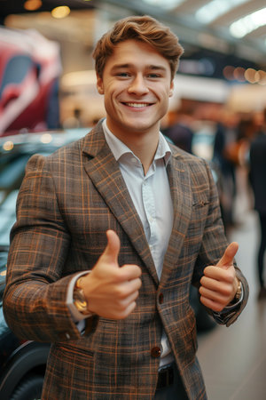 Caucasian male salesman giving thumbs up in luxury car showroom.の素材