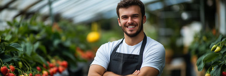 A Caucasian man is smiling with confidence in a greenhouse growing strawberries.の素材