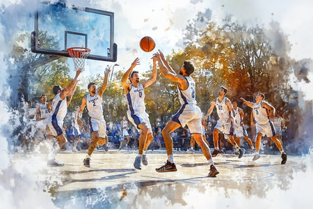 Watercolor painting of a team of male athletes playing basketball on the court.の素材