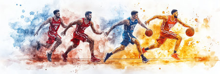 Watercolor painting of a team of male athletes playing basketball on the court.の素材