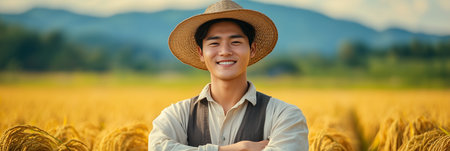 Asian male farmer smiling with confidence in rice field ready for harvest.の素材