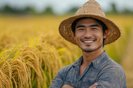 Asian male farmer smiling with confidence in rice field ready for harvest.の素材