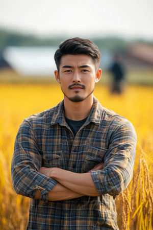 Asian male farmer smiling with confidence in rice field ready for harvest.の素材