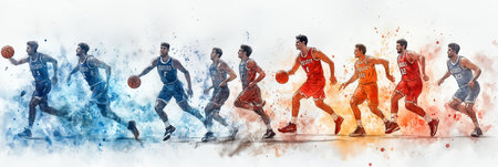 Watercolor painting of a team of male athletes playing basketball on the court.の素材