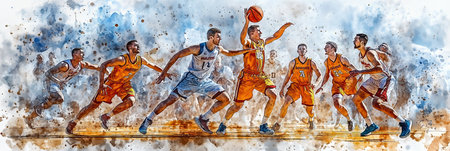 Watercolor painting of a team of male athletes playing basketball on the court.の素材
