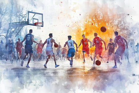 Watercolor painting of a team of male athletes playing basketball on the court.の素材