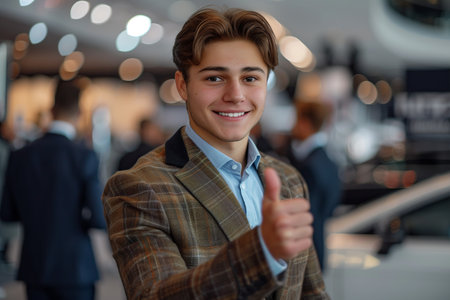 Caucasian male salesman giving thumbs up in luxury car showroom.の素材