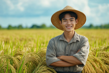 Asian male farmer smiling with confidence in rice field ready for harvest.の素材