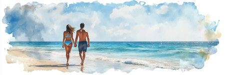 Watercolor painting of a couple in swimsuits walking along the beach.の素材