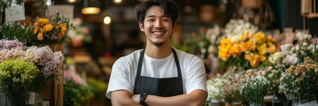 Asian male florist smiling with confidence in shop.の素材