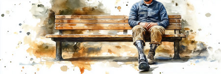 Watercolor painting of a man wearing a prosthetic leg sitting on a bench, Disabled personの素材