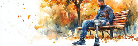 Watercolor painting of a man wearing a prosthetic leg sitting on a bench, Disabled personの素材