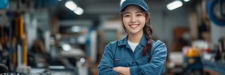 Asian female auto mechanic smiles with confidence in car workshop.の素材