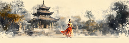 Watercolor painting of Asian woman in Thai dress dancing in temple.の素材