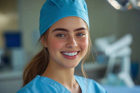 Caucasian female dentist smiling with confidence in dentistry room and dental bed, dental surgeryの素材