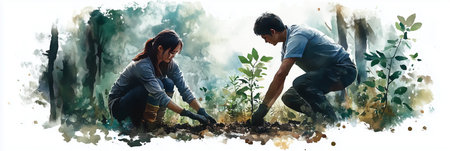 Watercolor paintings of women and men helping to plant trees in the forest.の素材