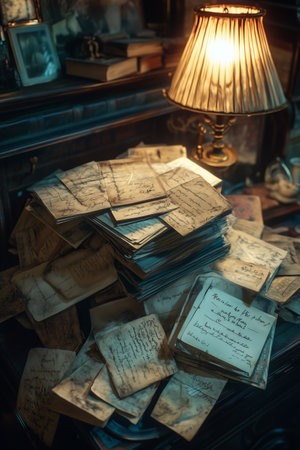 A vintage-style desk with old handwritten documents, lit by the warm glow of an antique lamp.の素材